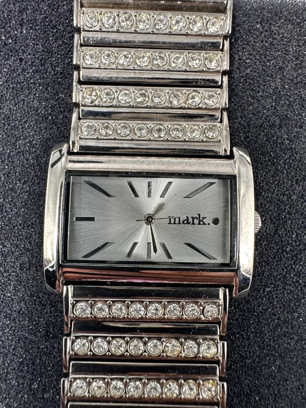 Mark by Avon Watch Womens Silver Tone Square Dial Rhinestones New Battery 7.5